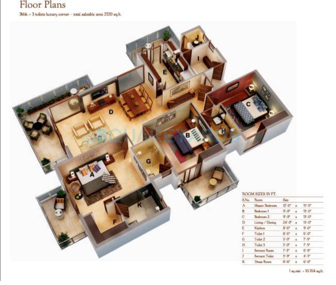 Floor plan of 3 BHK 2120 Sq. Ft. Apartment in Ansal Amantre, Gurgaon
