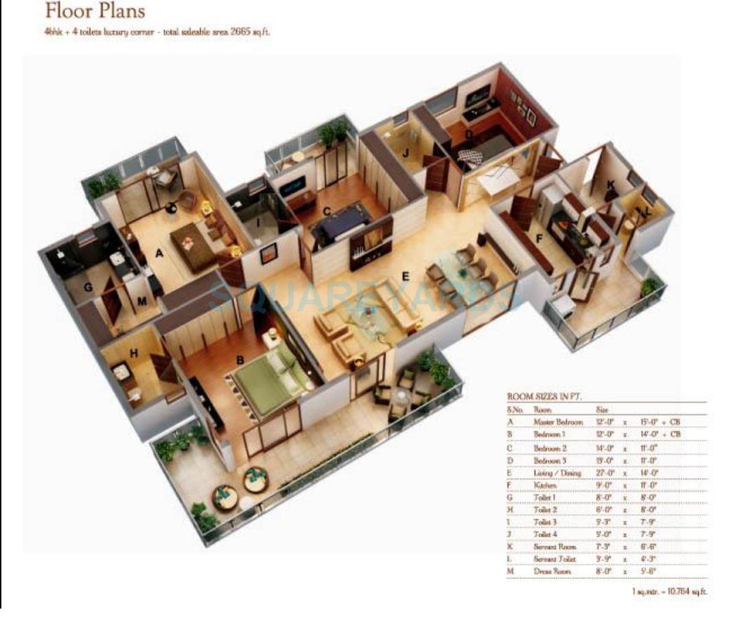 Floor plan of 4 BHK 2665 Sq. Ft. Apartment in Ansal Amantre, Gurgaon