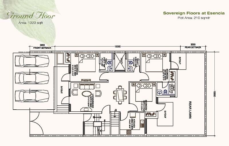 Floor plan of 3 BHK 1323 Sq. Ft. Ind Floor in Ansal API Esencia, Gurgaon