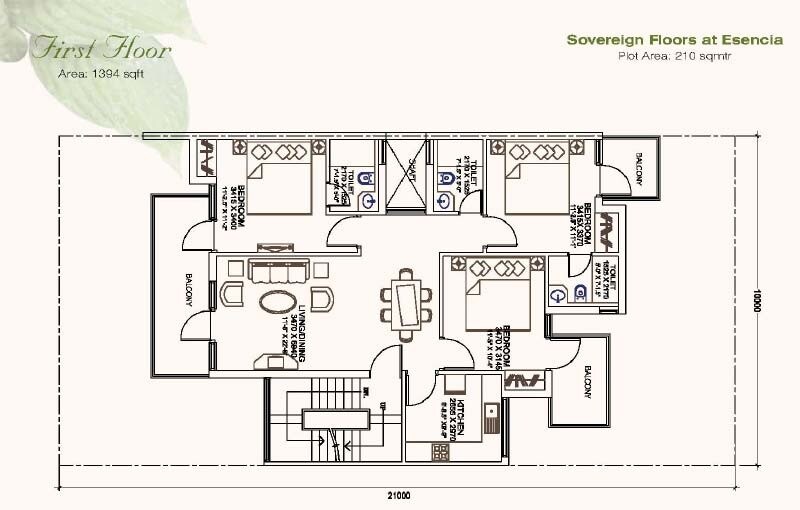 Floor plan of 3 BHK 1394 Sq. Ft. Ind Floor in Ansal API Esencia, Gurgaon