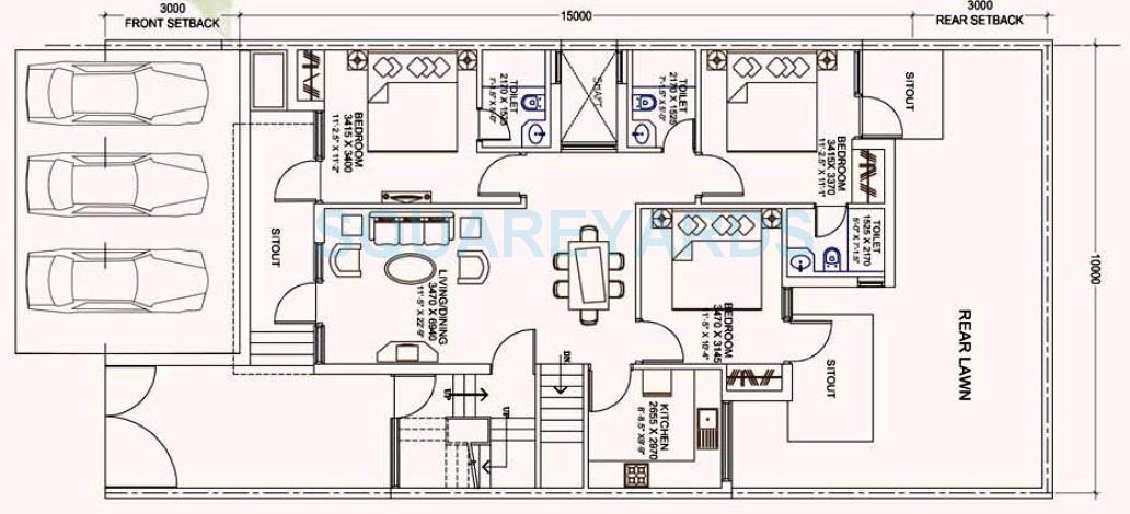 Floor plan of 3 BHK 1323 Sq. Ft. Ind Floor in Ansal Esencia-Mulberry Homes, Gurgaon