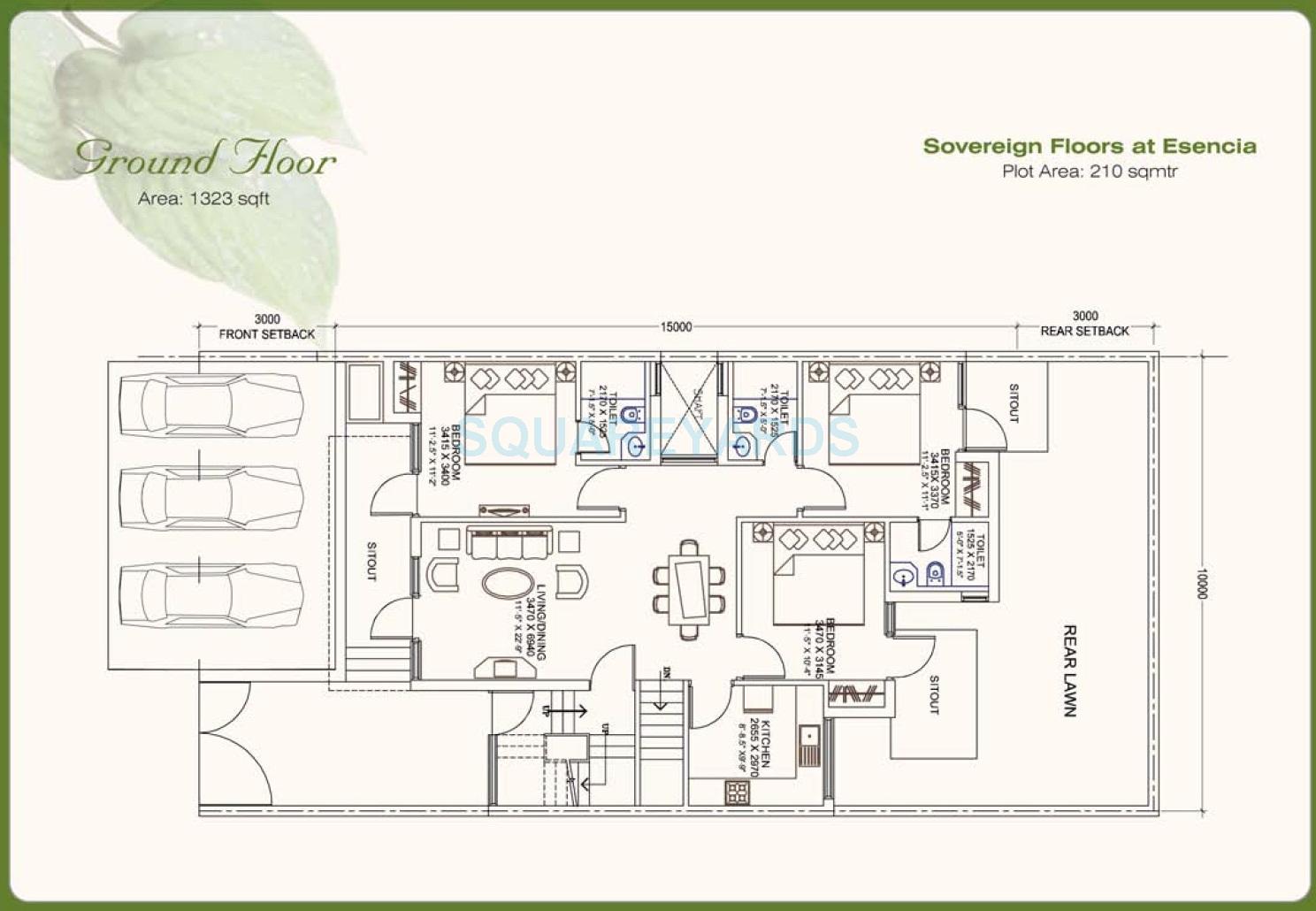 Floor plan of 3 BHK 1323 Sq. Ft. Ind Floor in Ansal Esencia - Sovereign Floors, Gurgaon