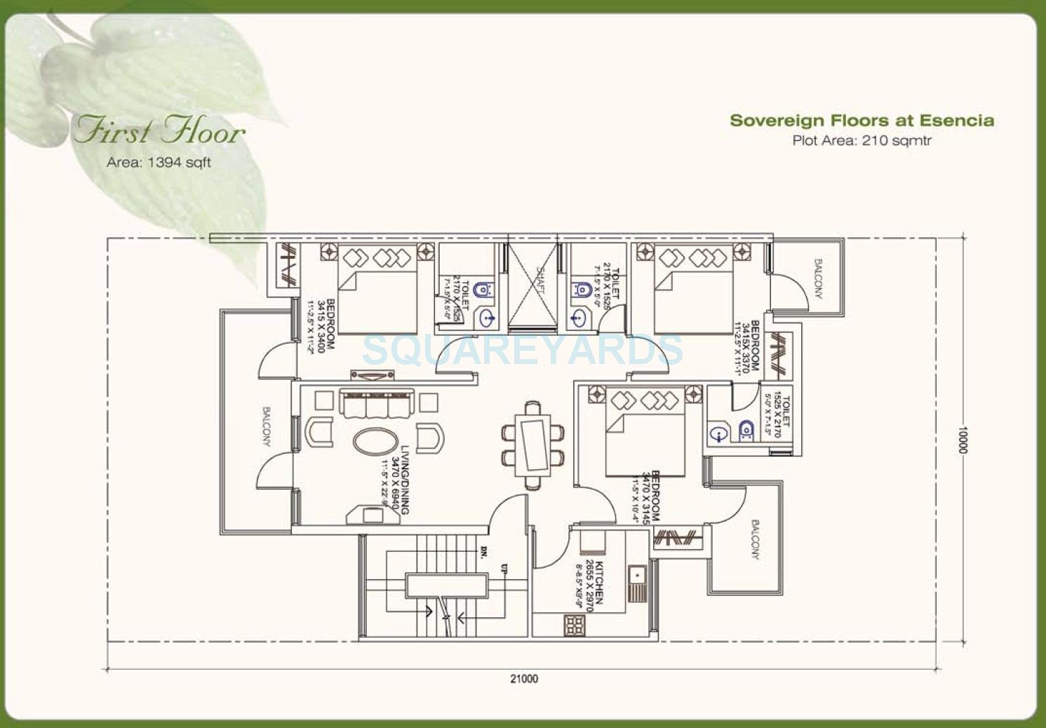 Floor plan of 3 BHK 1394 Sq. Ft. Ind Floor in Ansal Esencia - Sovereign Floors, Gurgaon