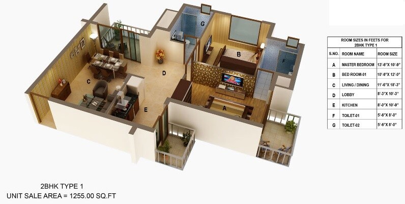 Floor plan of 2 BHK 1255 Sq. Ft. Apartment in Ansal Estella, Gurgaon