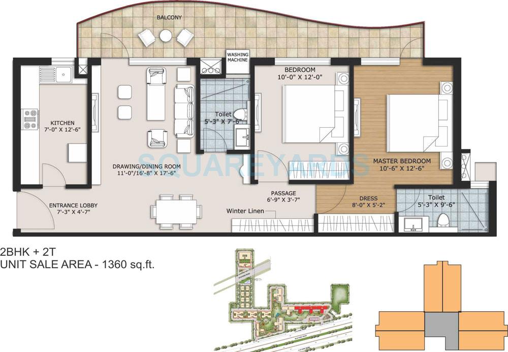 Floor plan of 2 BHK 1360 Sq. Ft. Apartment in Ansal Height 86, Gurgaon