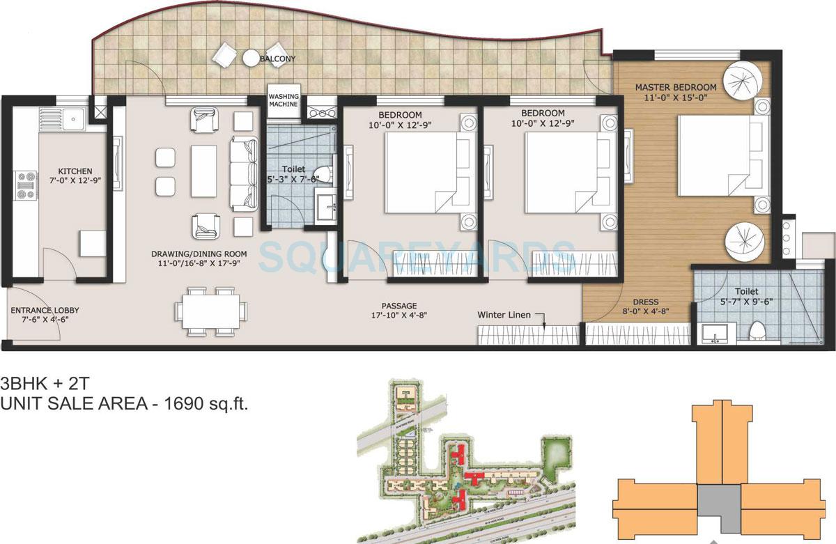 Floor plan of 3 BHK 1690 Sq. Ft. Apartment in Ansal Height 86, Gurgaon