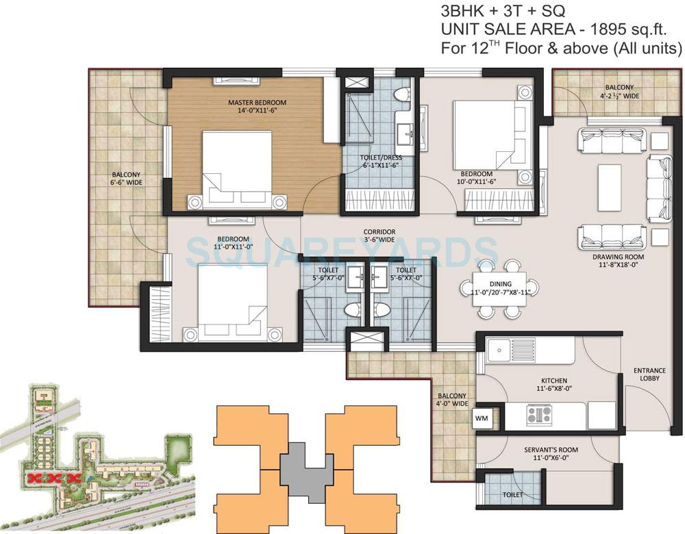 Floor plan of 3 BHK 1895 Sq. Ft. Apartment in Ansal Height 86, Gurgaon