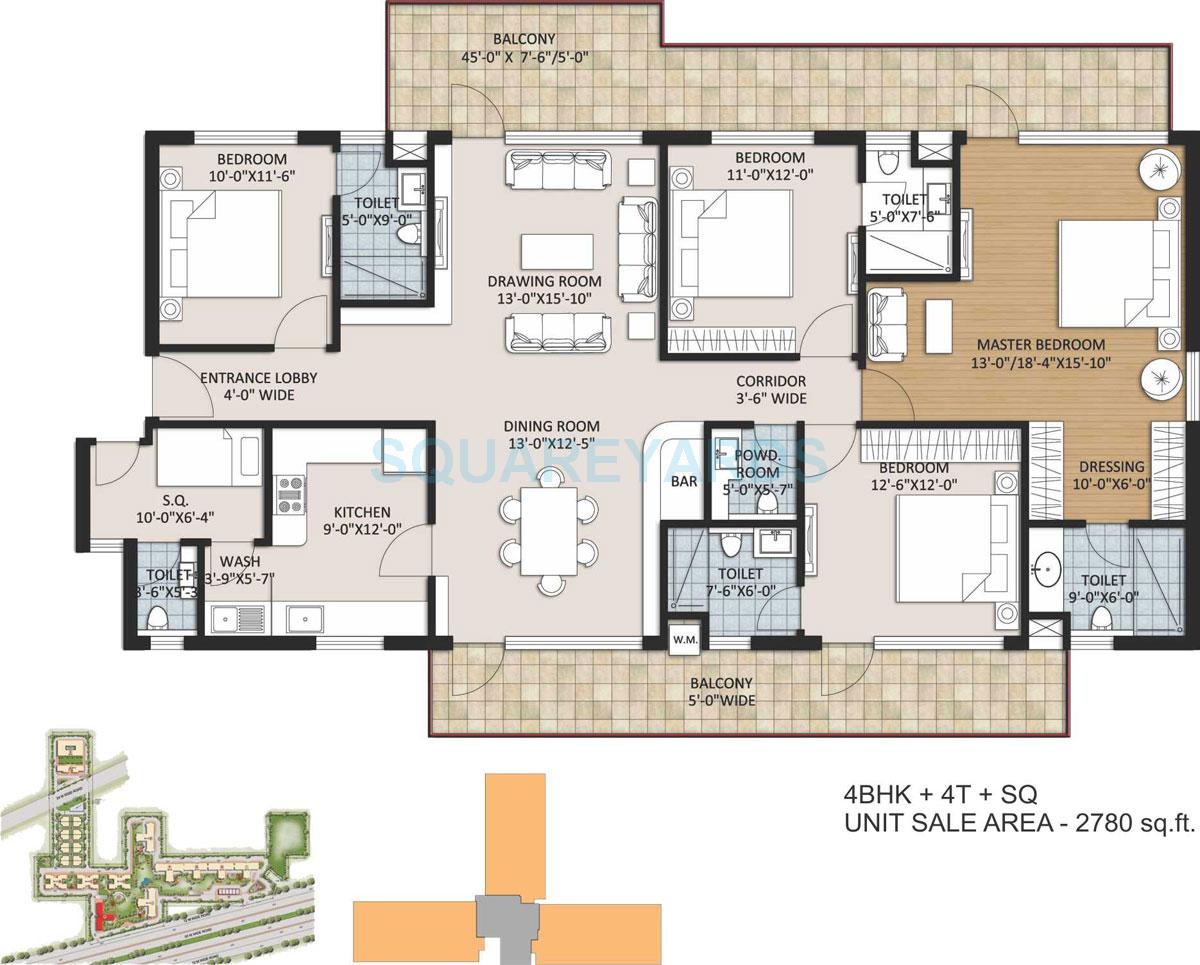 Floor plan of 4 BHK 2780 Sq. Ft. Apartment in Ansal Height 86, Gurgaon