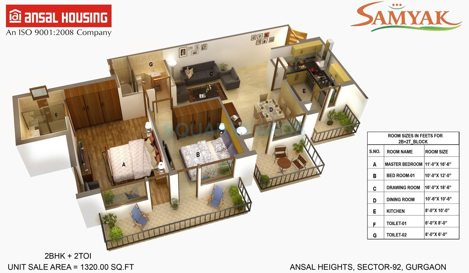Floor plan of 2 BHK 1320 Sq. Ft. Apartment in Ansal Heights Gurgaon, Gurgaon