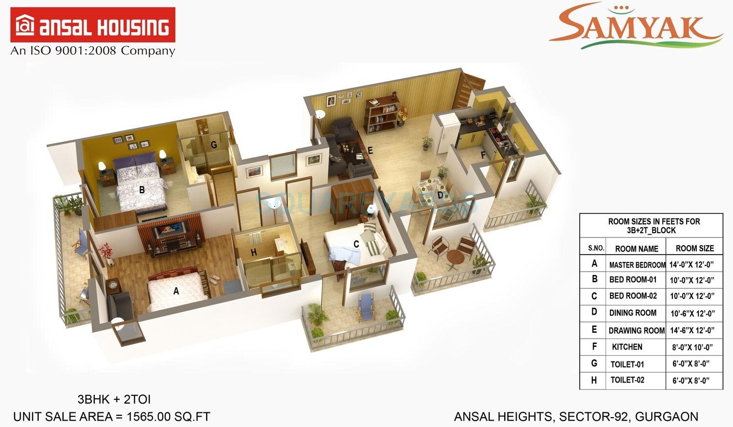 Floor plan of 3 BHK 1565 Sq. Ft. Apartment in Ansal Heights Gurgaon, Gurgaon