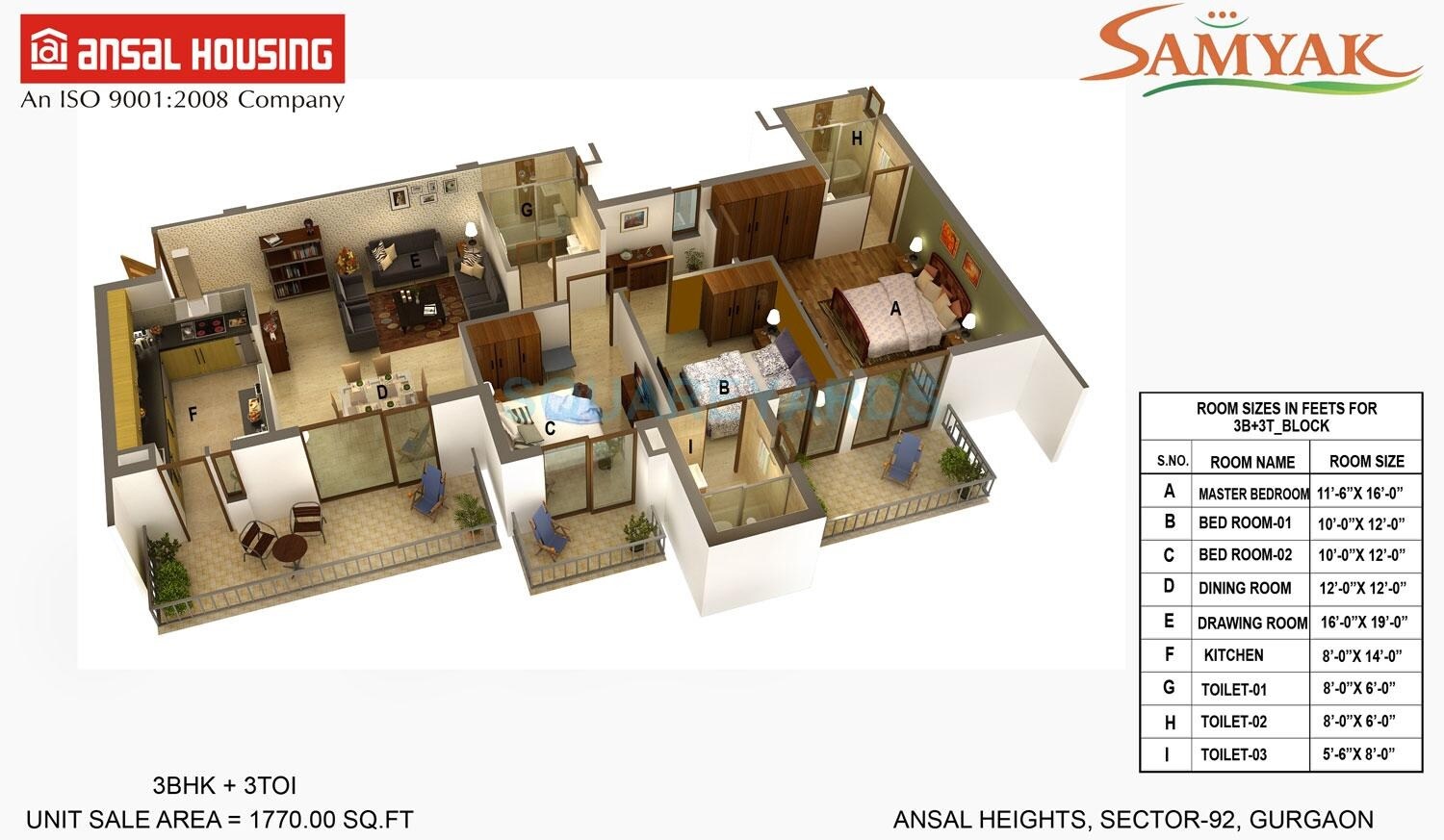 Floor plan of 3 BHK 1770 Sq. Ft. Apartment in Ansal Heights Gurgaon, Gurgaon