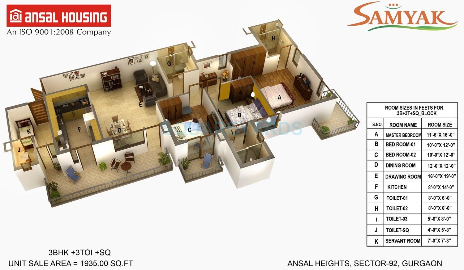 Floor plan of 3 BHK 1935 Sq. Ft. Apartment in Ansal Heights Gurgaon, Gurgaon