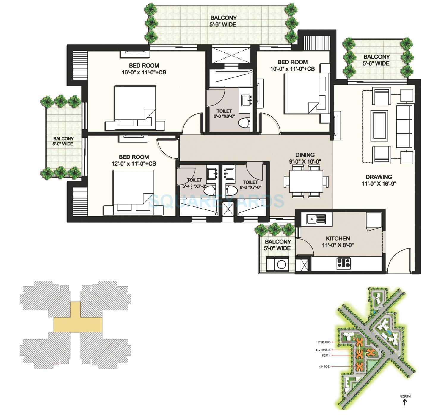 Floor plan of 3 BHK 1762 Sq. Ft. Apartment in Ansal Highland Park, Gurgaon