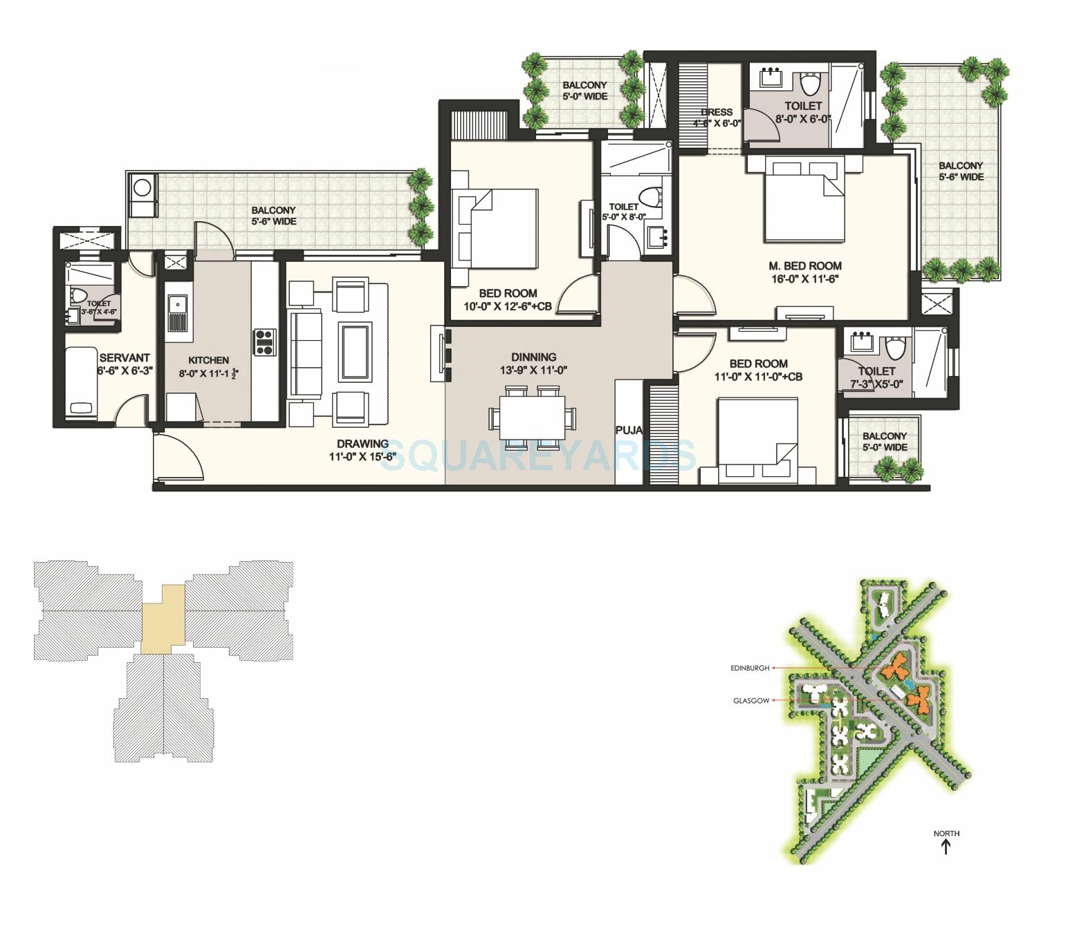 Floor plan of 3 BHK 1940 Sq. Ft. Apartment in Ansal Highland Park, Gurgaon