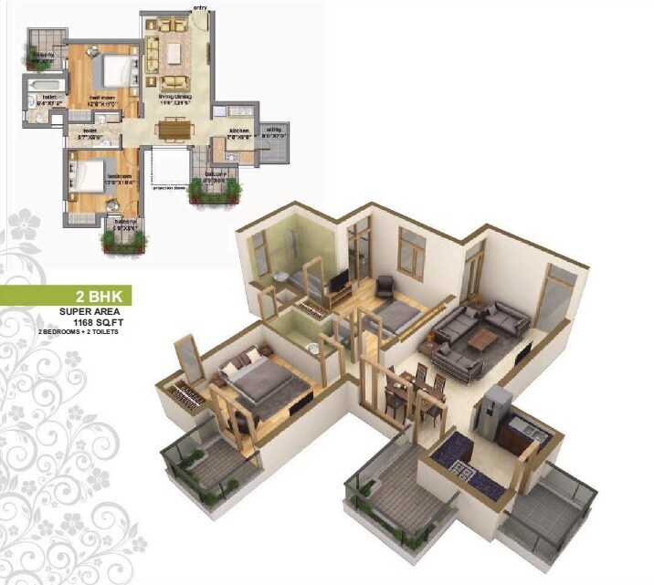 Floor plan of 2 BHK 1168 Sq. Ft. Apartment in Ansal Pioneer City, Gurgaon