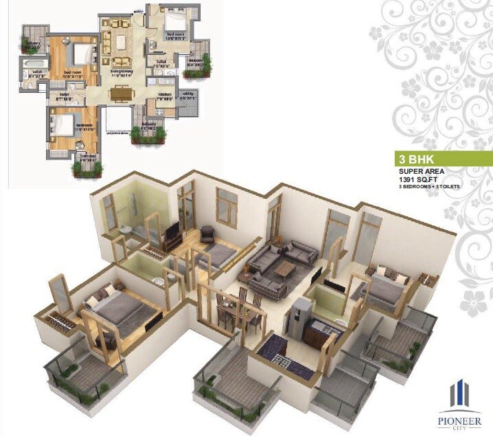 Floor plan of 3 BHK 1391 Sq. Ft. Apartment in Ansal Pioneer City, Gurgaon