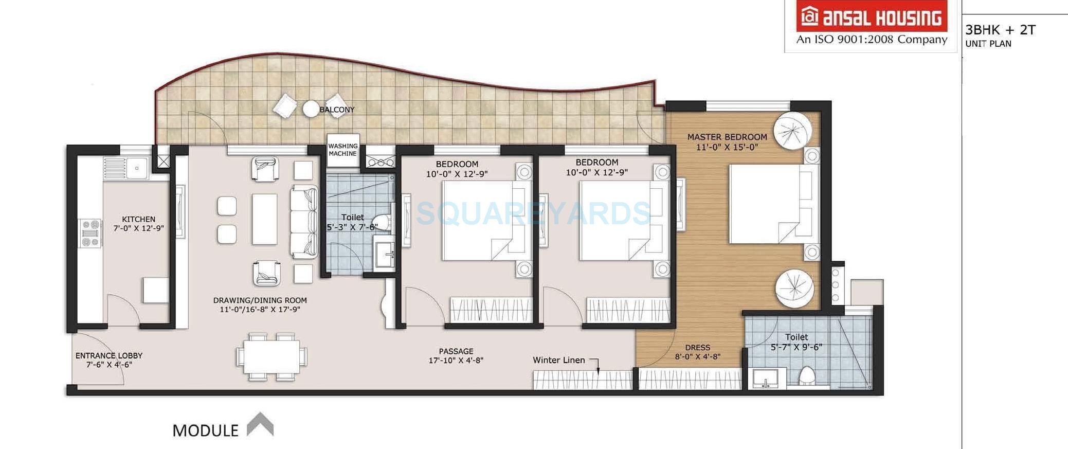 Floor plan of 3 BHK 1340 Sq. Ft. Apartment in Ansal Sushant Estate, Gurgaon