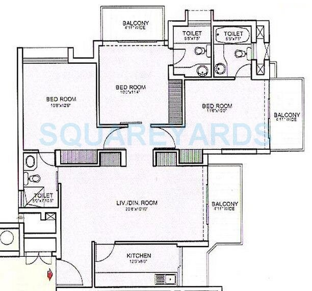 Floor plan of 3 BHK 1300 Sq. Ft. Apartment in Ansal Valley View Estate, Gurgaon