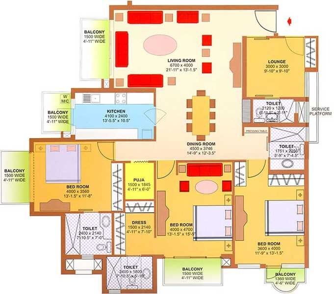 Floor plan of 3 BHK 1367 Sq. Ft. Apartment in Ansal Valley View Estate, Gurgaon