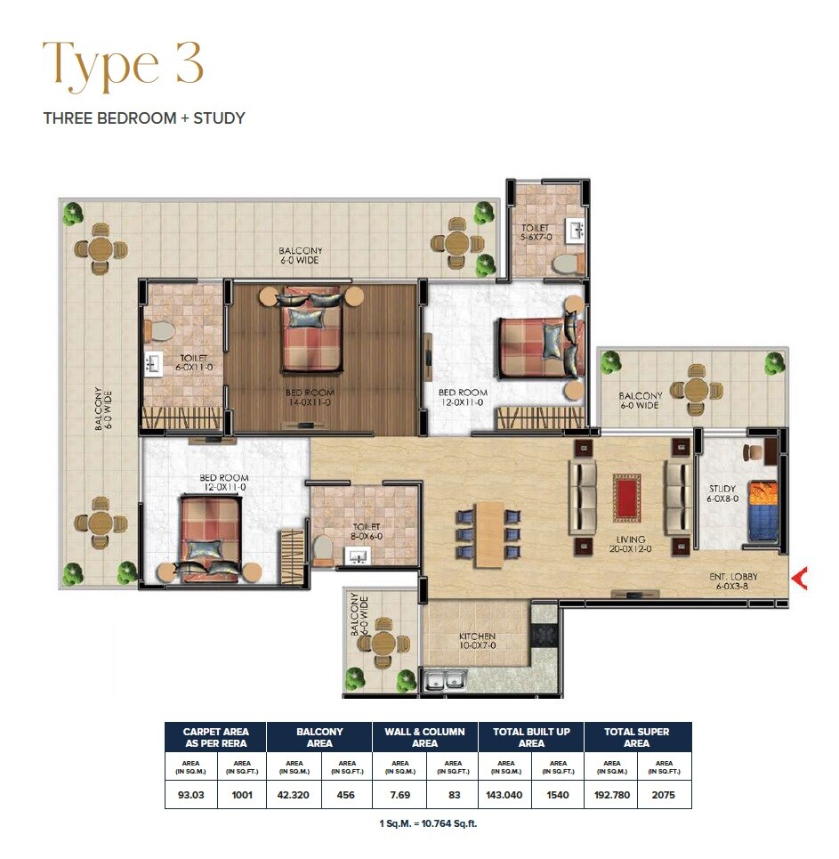 Floor plan of 3 BHK 2075 Sq. Ft. Apartment in Antriksh Central Avenue, Gurgaon
