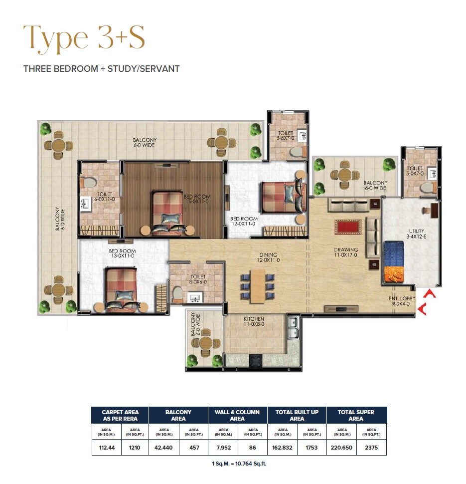 Floor plan of 3 BHK 2375 Sq. Ft. Apartment in Antriksh Central Avenue, Gurgaon