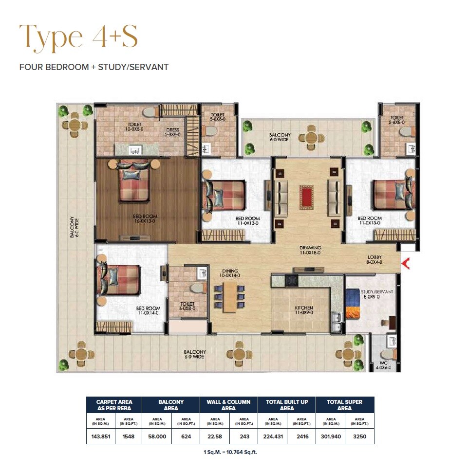 Floor plan of 4 BHK 3250 Sq. Ft. Apartment in Antriksh Central Avenue, Gurgaon
