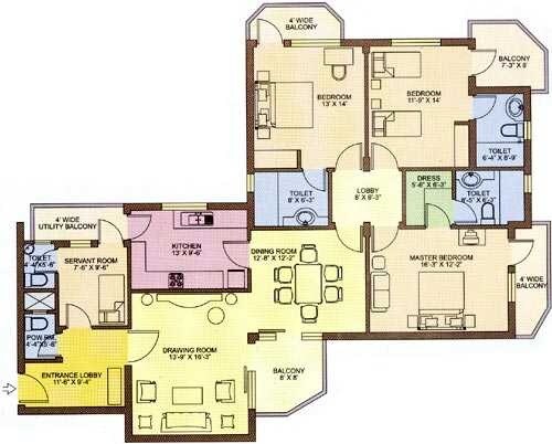 Floor plan of 3 BHK 1850 Sq. Ft. Apartment in Ardee City Palm Grove Heights, Gurgaon