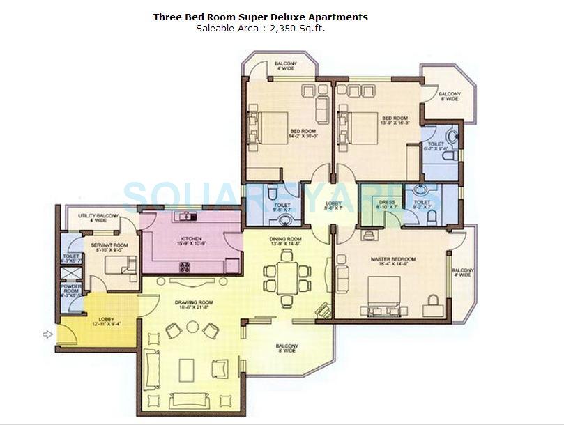 Floor plan of 3 BHK 2350 Sq. Ft. Apartment in Ardee City Palm Grove Heights, Gurgaon