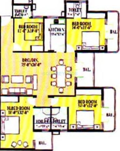Floor plan of 4 BHK 1660 Sq. Ft. Apartment in Ardee City The Residency, Gurgaon