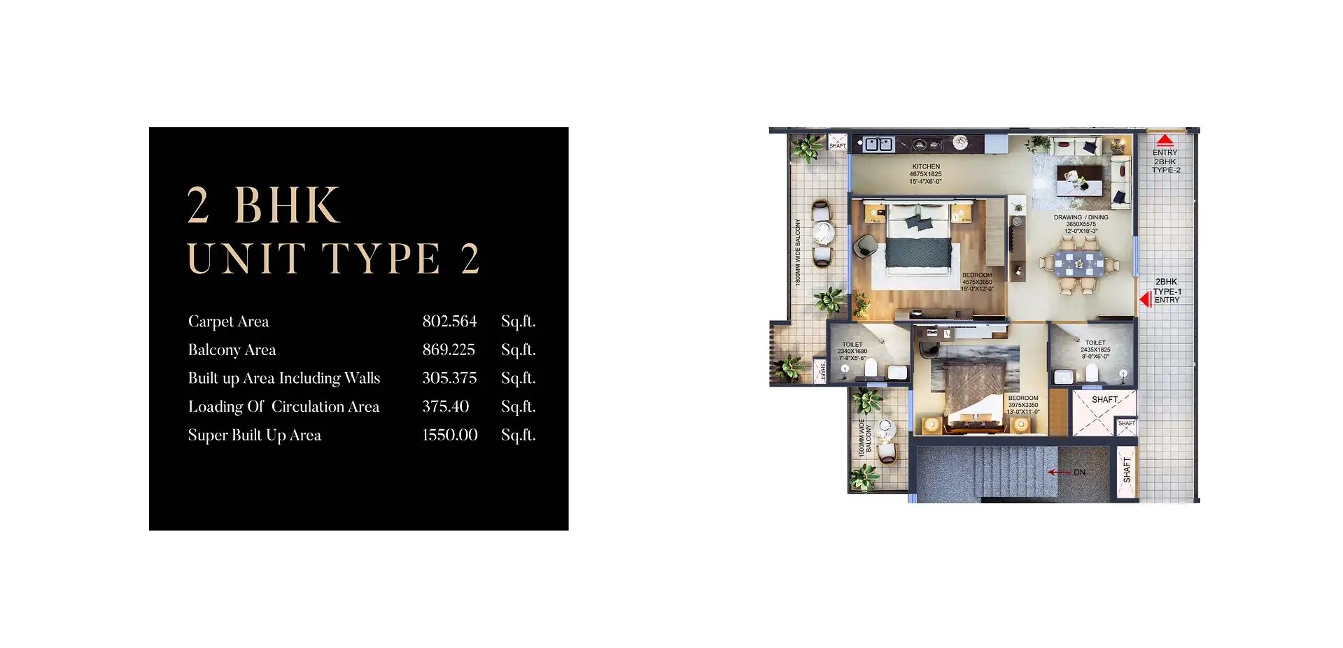 2 BHK 1550 Sq. Ft. Apartment