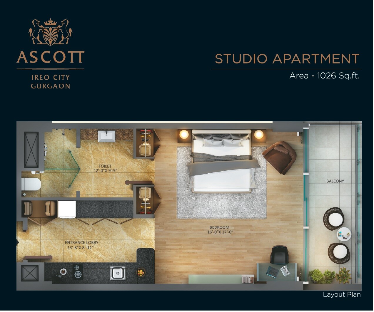 Floor plan of 1 BHK 1026 Sq. Ft. Apartment in Ascott Ireo City, Gurgaon