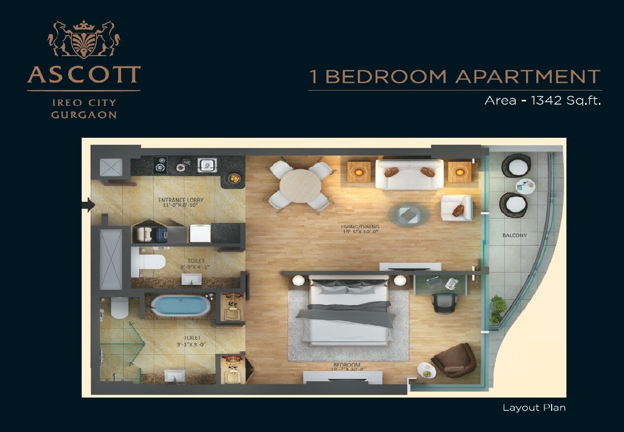 Floor plan of 1 BHK 1342 Sq. Ft. Apartment in Ascott Ireo City, Gurgaon