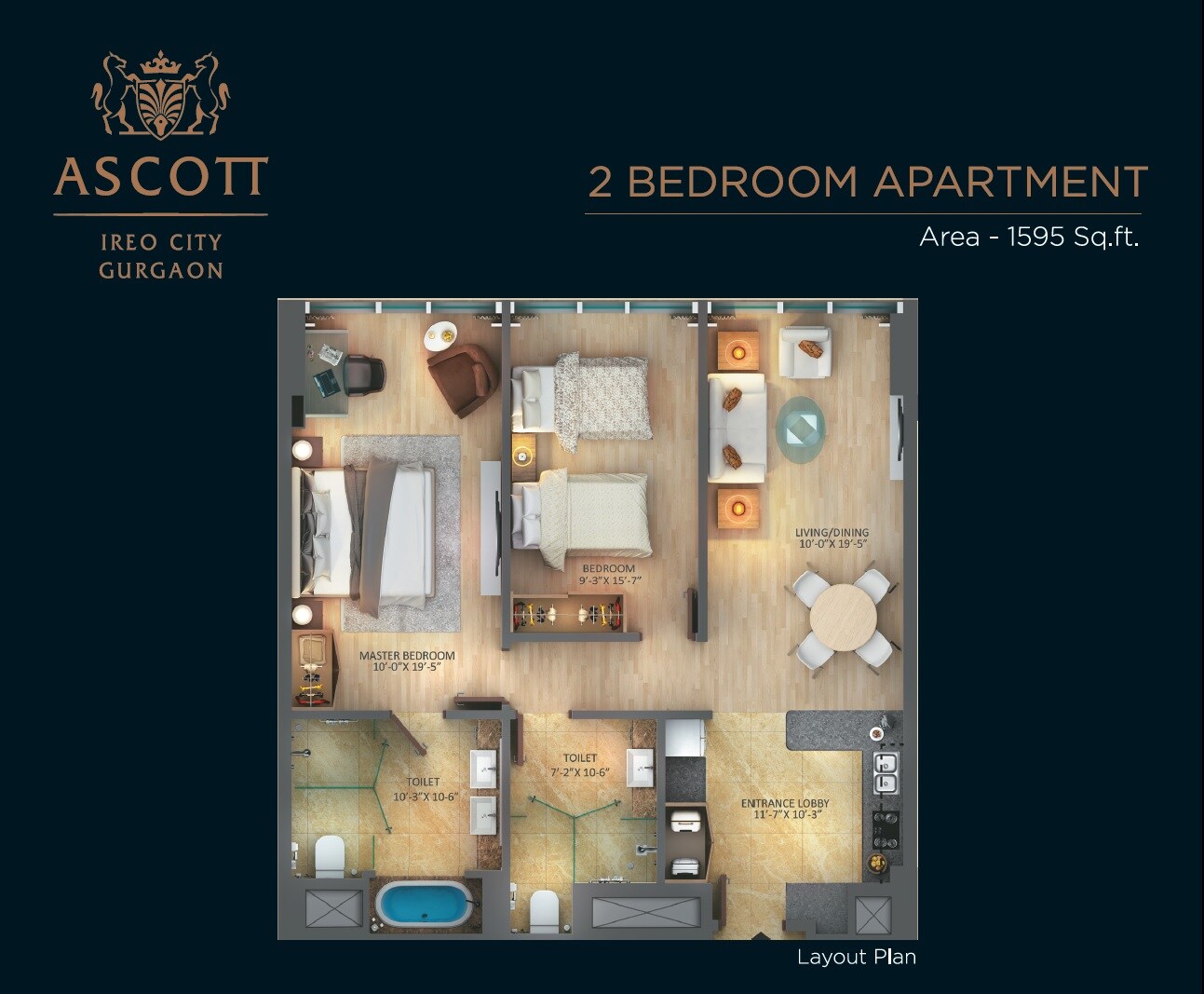 Floor plan of 2 BHK 1595 Sq. Ft. Apartment in Ascott Ireo City, Gurgaon