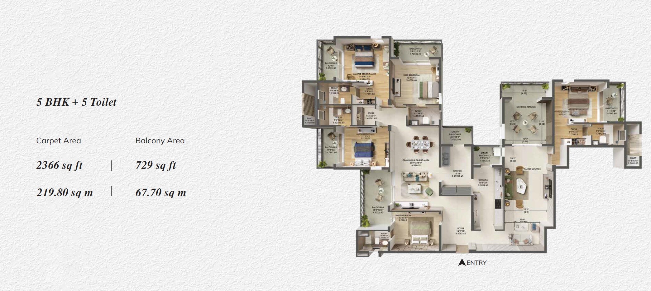 Floor plan of 5 BHK 3095 Sq. Ft. Apartment in Ashiana Aaroham, Gurgaon