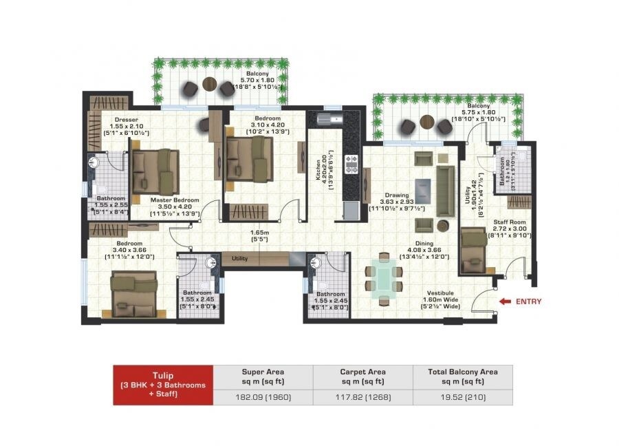 Floor plan of 3 BHK 1960 Sq. Ft. Apartment in Ashiana Anmol, Gurgaon