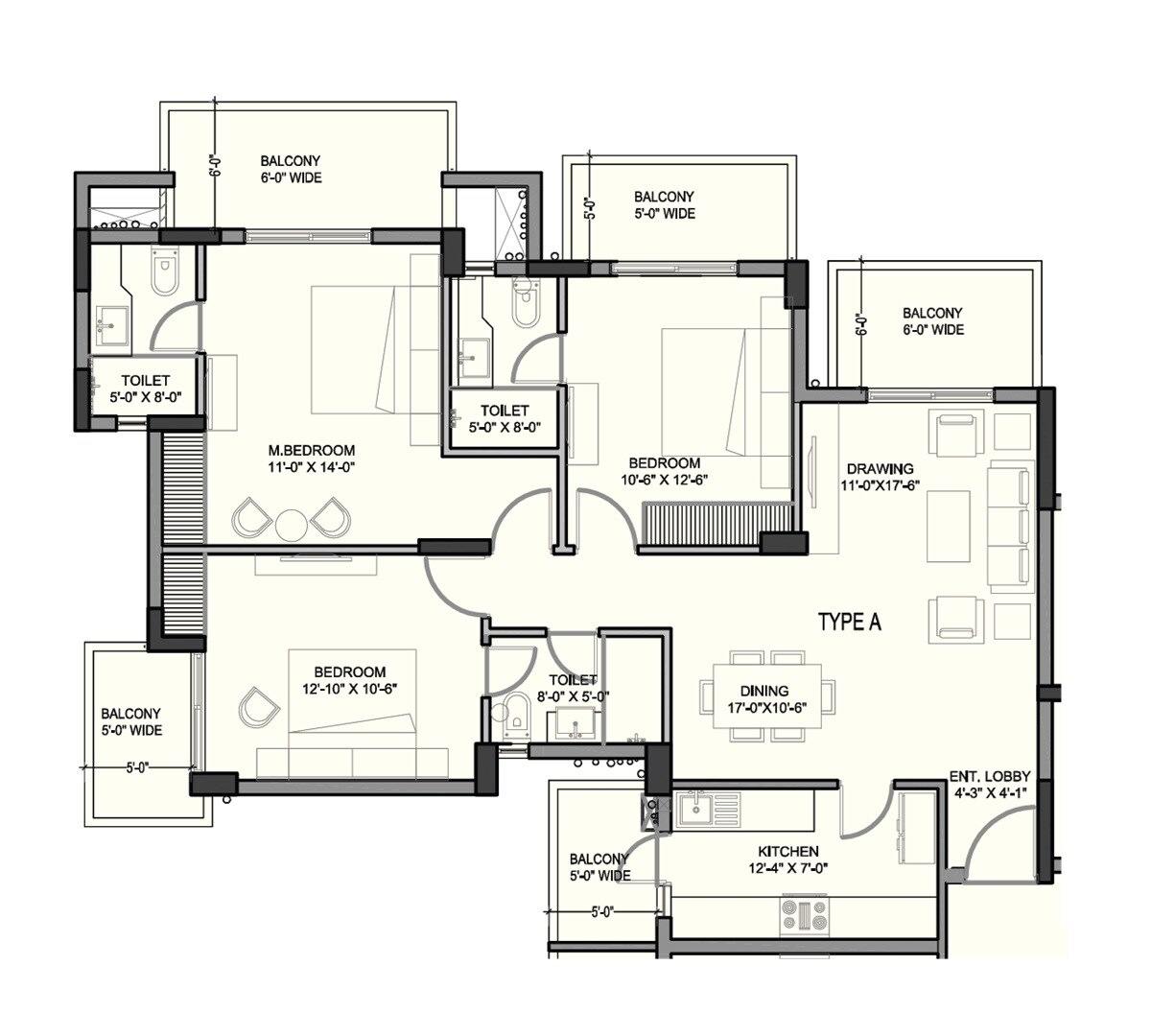 Floor plan of 3 BHK 2250 Sq. Ft. Apartment in Ashiana Mulberry, Gurgaon