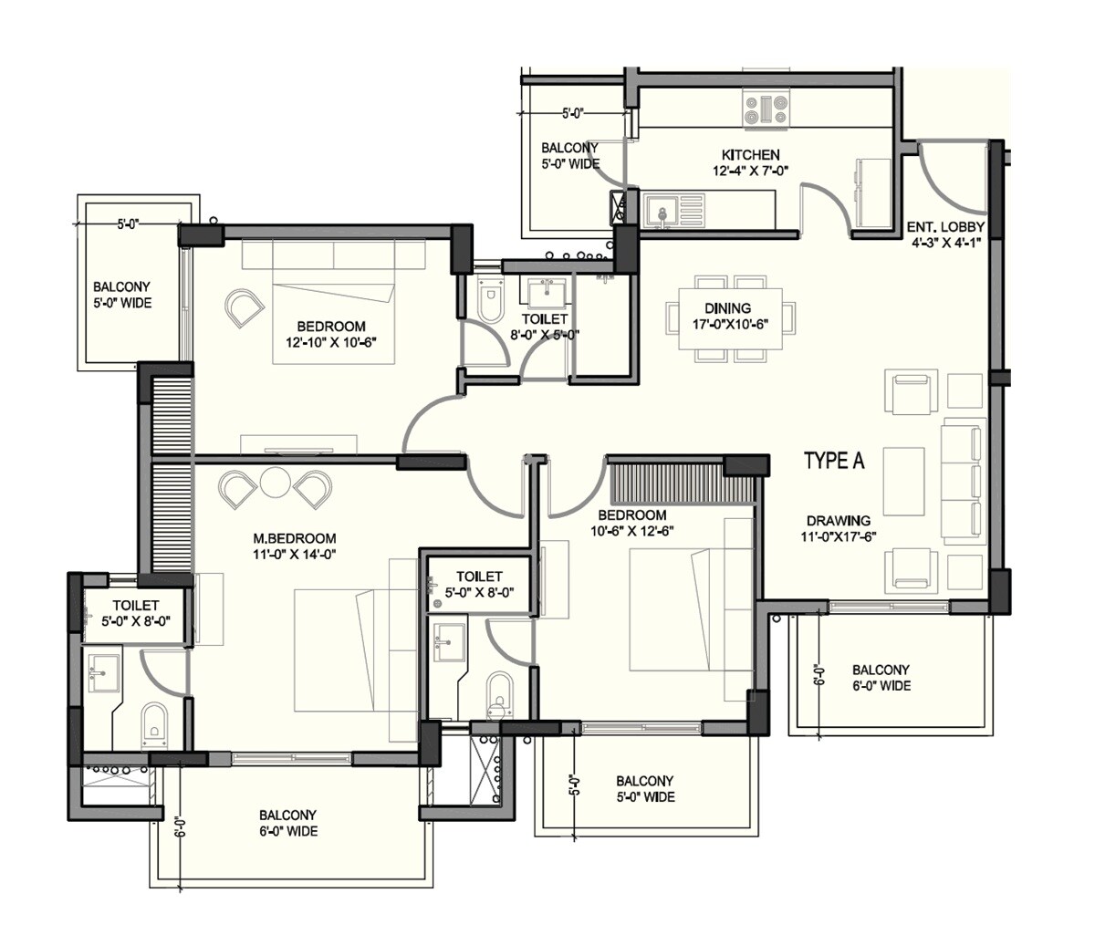 Floor plan of 3 BHK 2300 Sq. Ft. Apartment in Ashiana Mulberry, Gurgaon