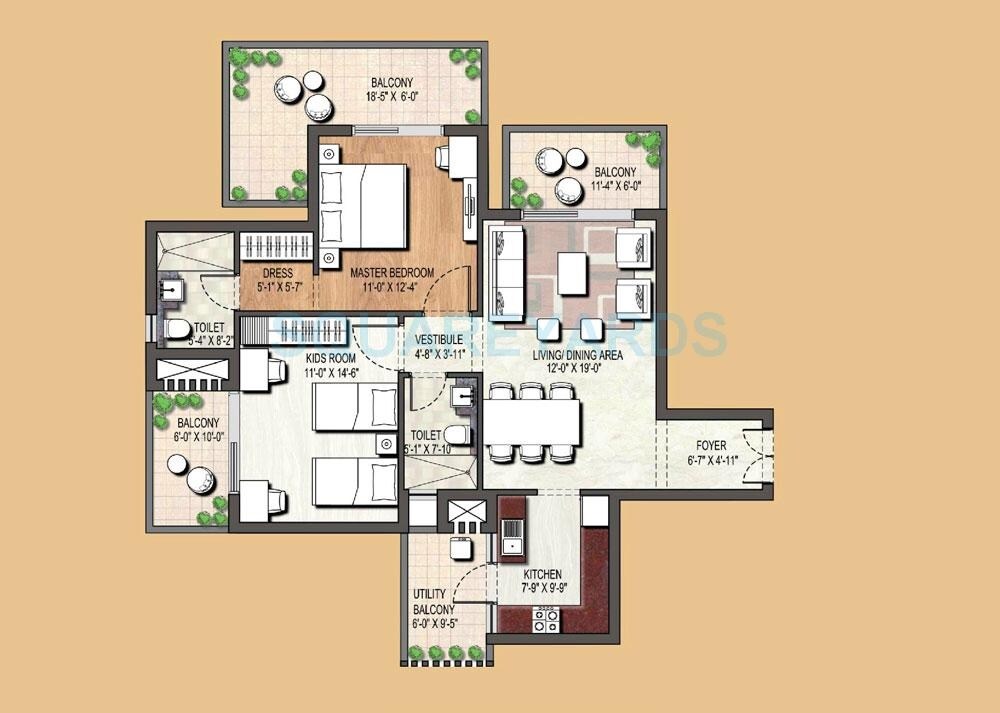 Floor plan of 2 BHK 1365 Sq. Ft. Apartment in Assotech Blith, Gurgaon
