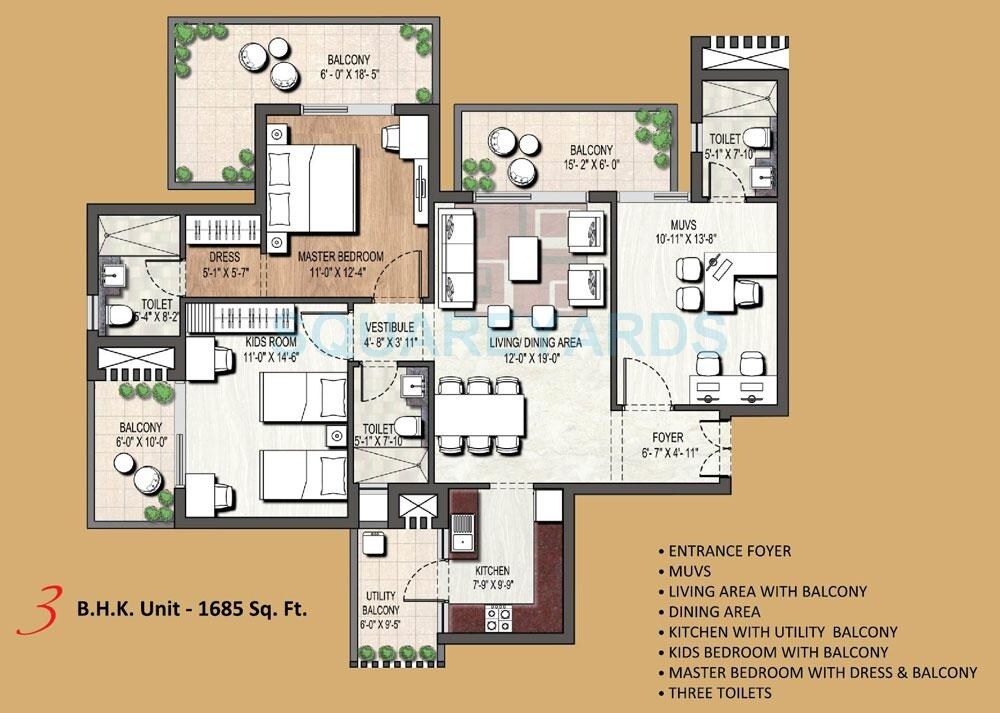 Floor plan of 3 BHK 1685 Sq. Ft. Apartment in Assotech Blith, Gurgaon