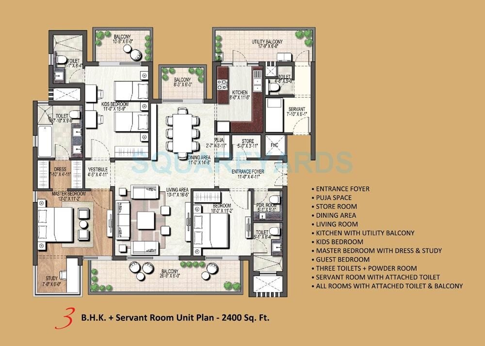 Floor plan of 3 BHK 2400 Sq. Ft. Apartment in Assotech Blith, Gurgaon