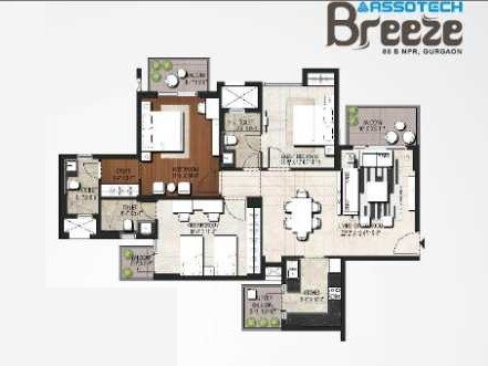 Floor plan of 3 BHK 1700 Sq. Ft. Apartment in Assotech Breeze, Gurgaon