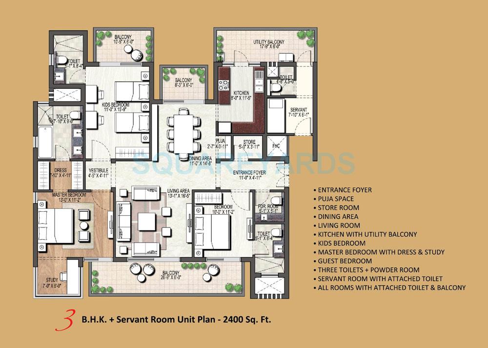 Floor plan of 3 BHK 2400 Sq. Ft. Apartment in Assotech Orion Tower, Gurgaon