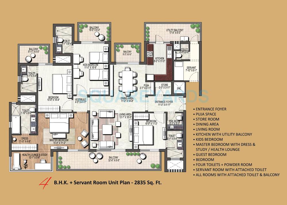 Floor plan of 4 BHK 2835 Sq. Ft. Apartment in Assotech Orion Tower, Gurgaon