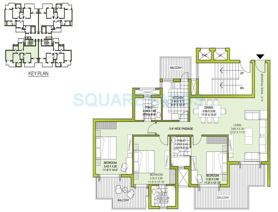 Floor plan of 3 BHK 1745 Sq. Ft. Apartment in ATS Kocoon, Gurgaon