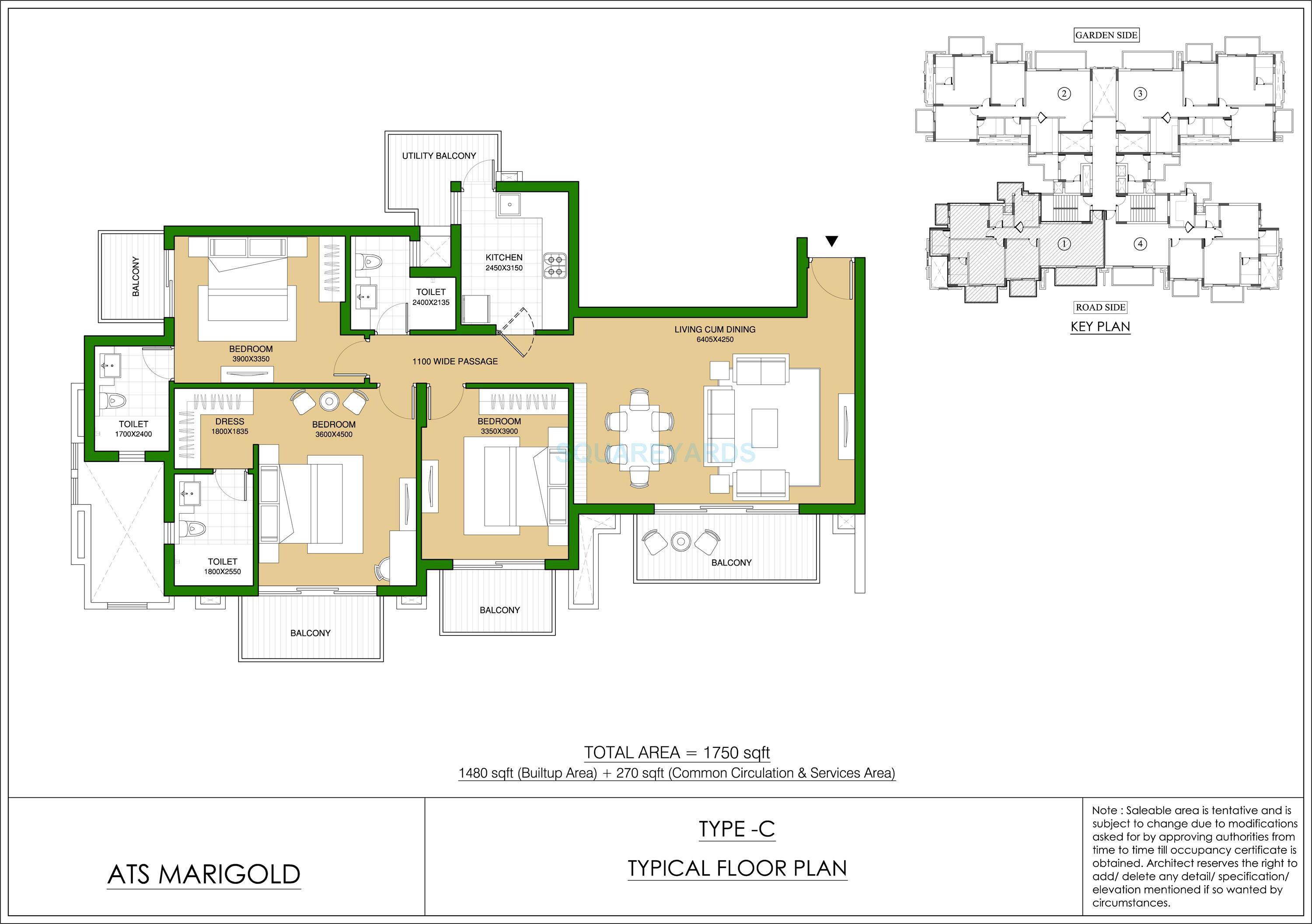 Floor plan of 3 BHK 1750 Sq. Ft. Apartment in ATS Marigold, Gurgaon