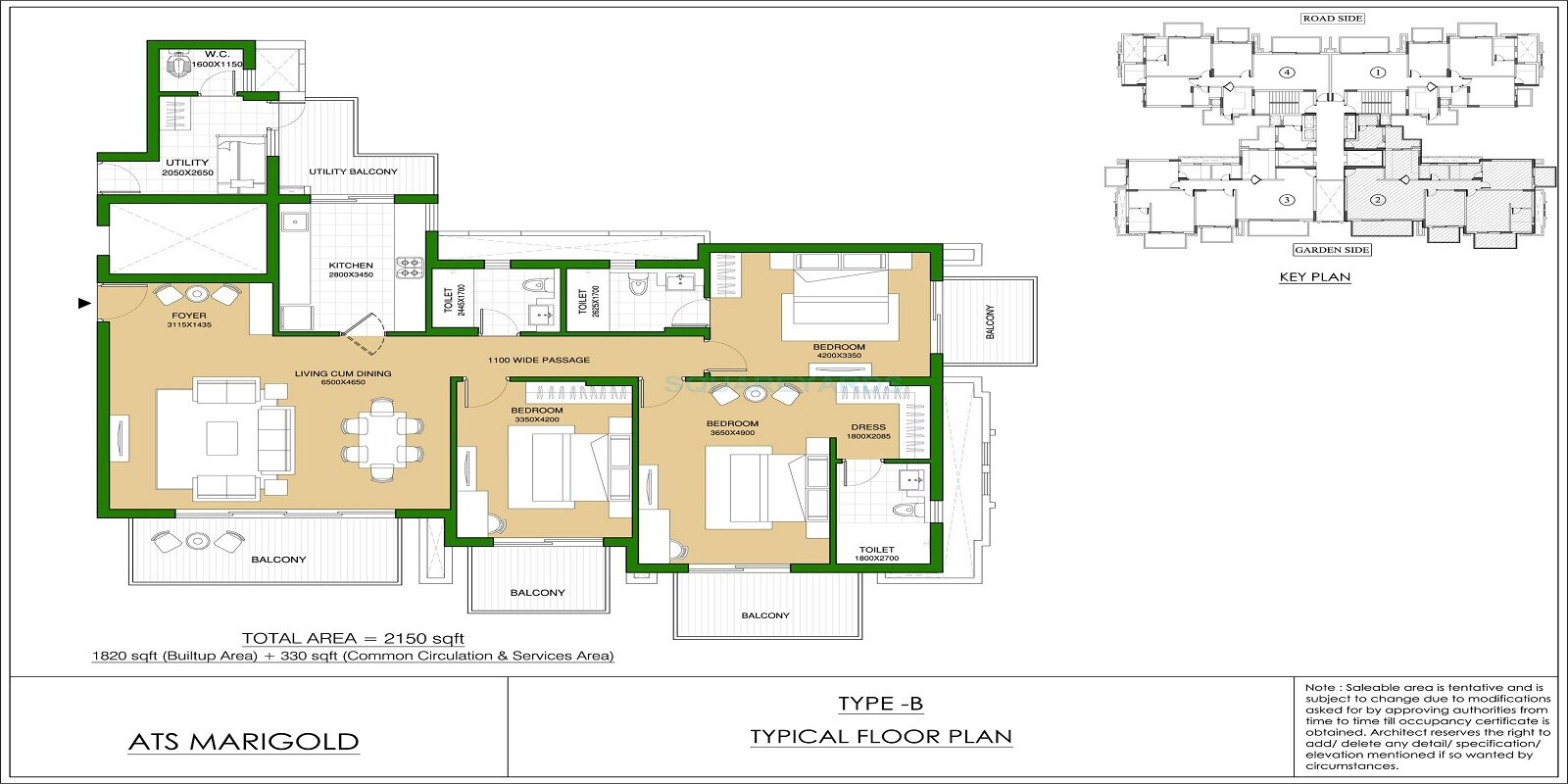 Floor plan of 3 BHK 2150 Sq. Ft. Apartment in ATS Marigold, Gurgaon