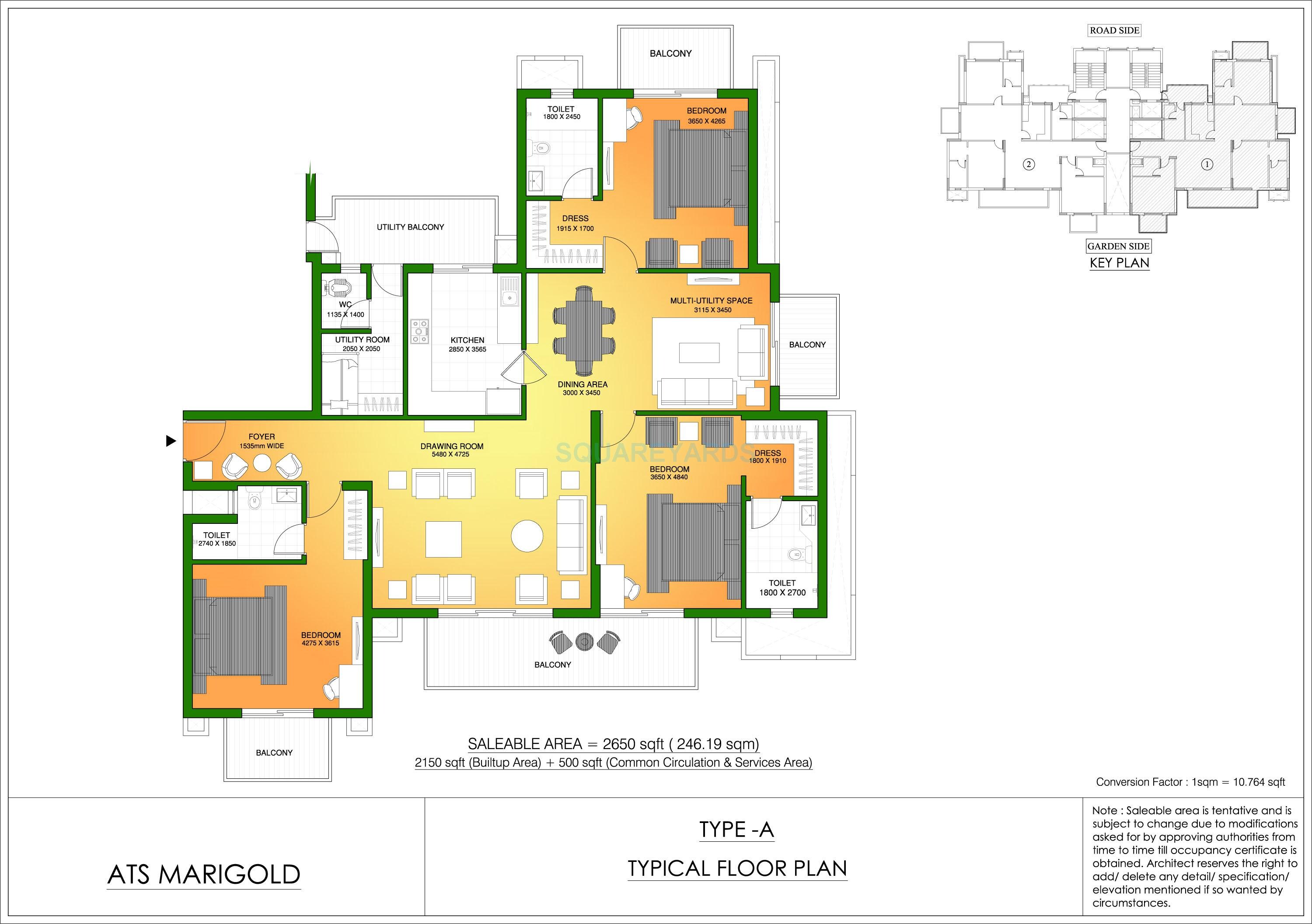 Floor plan of 3 BHK 2650 Sq. Ft. Apartment in ATS Marigold, Gurgaon