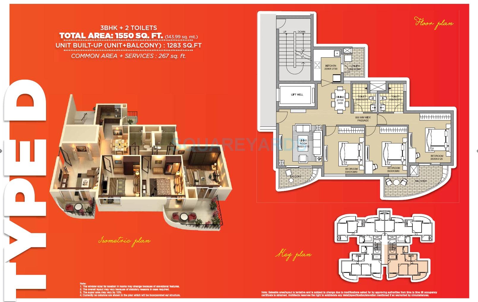 Floor plan of 3 BHK 1550 Sq. Ft. Apartment in ATS Tangerine, Gurgaon