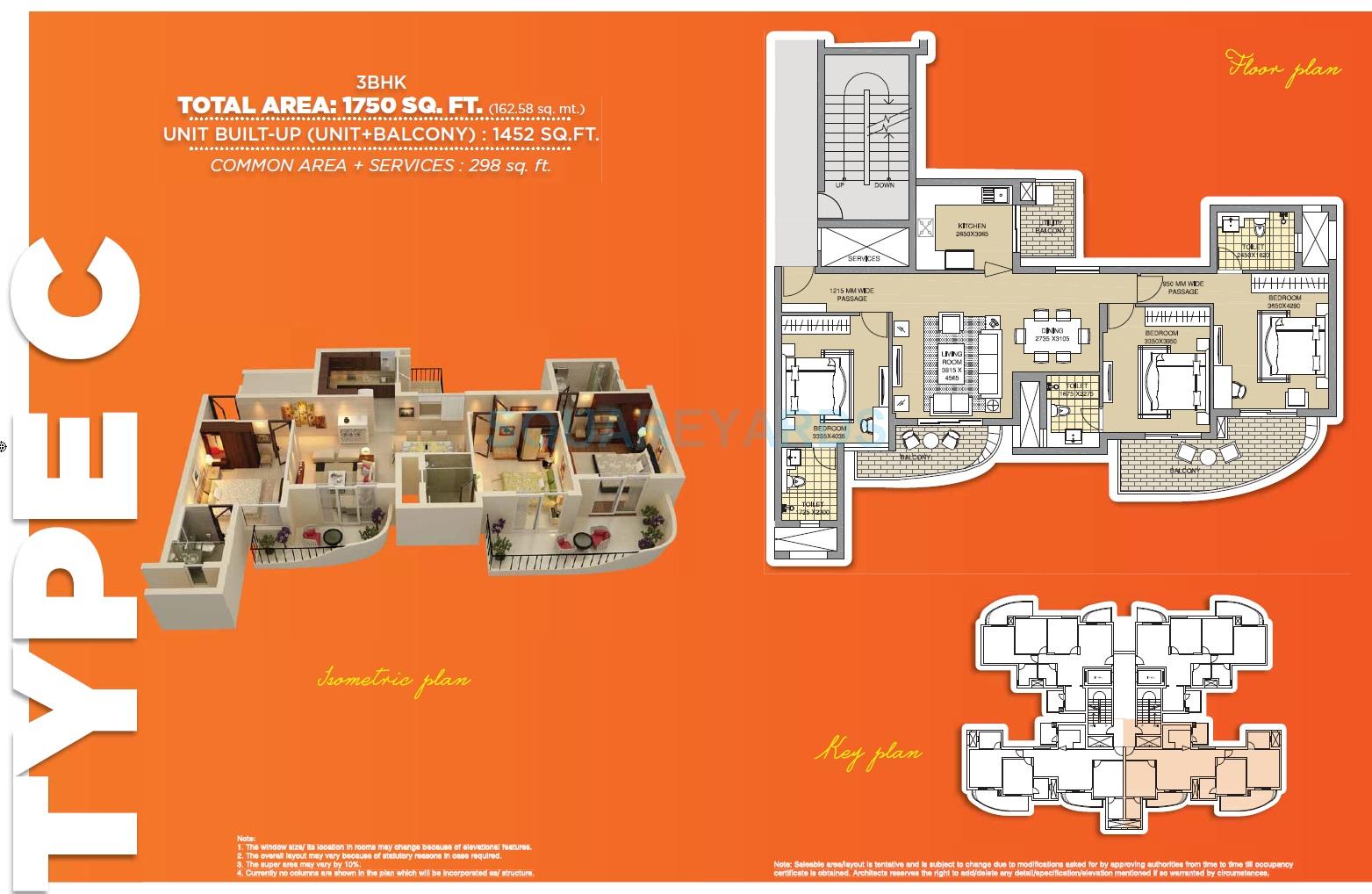 Floor plan of 3 BHK 1750 Sq. Ft. Apartment in ATS Tangerine, Gurgaon