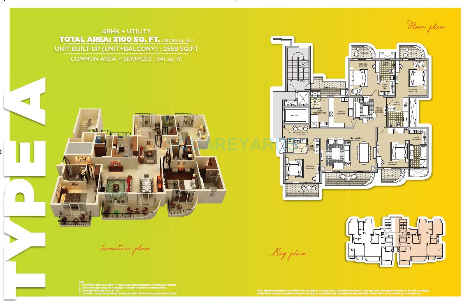 Floor plan of 4 BHK 3100 Sq. Ft. Apartment in ATS Tangerine, Gurgaon
